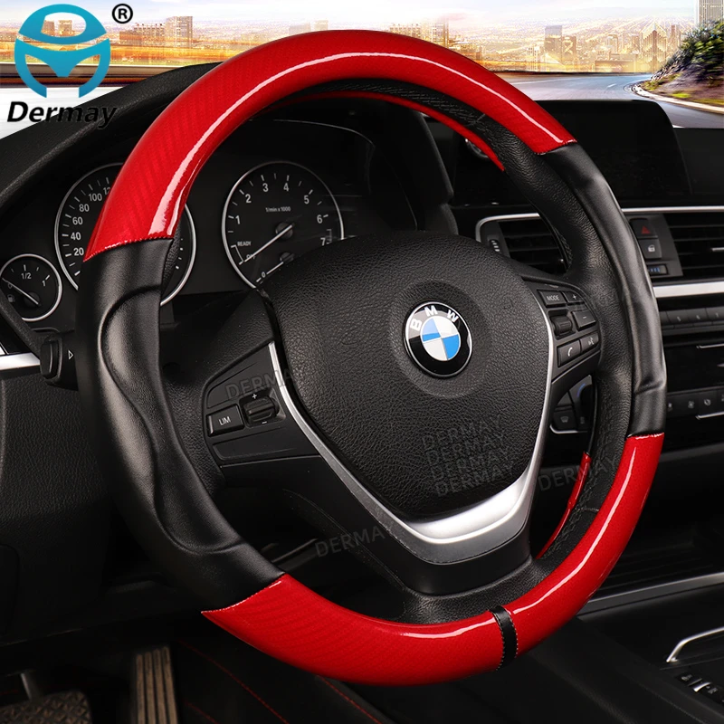 Luxury Car Steering Wheel Cover Non-slip Soft Leather + Carbon Fibre Universal M Size Fit Standard Steering Wheel 37-38cm