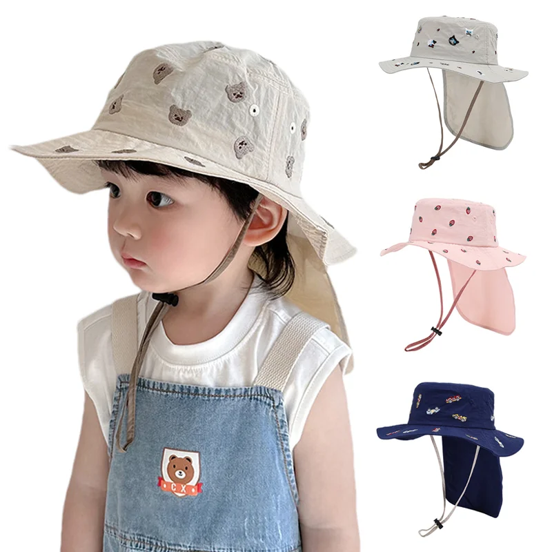 Summer Baby Hat Cartoon Embroidery Bear Panama Cap for Girls Boy Quick-Dry Beach Sun Hats with Shawl Neck Protection Accessories