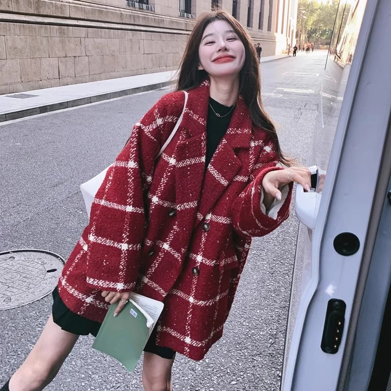 Red Checkered Down Suit Woolen Coat for Women in Their Zodiac Year 2024 Winter New Short Short Loose Thick Woolen Fabric for WLF