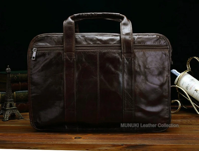 Luxury Full Grain Genuine Leather Men Briefcase Business Bag Cowhide Leather 14\