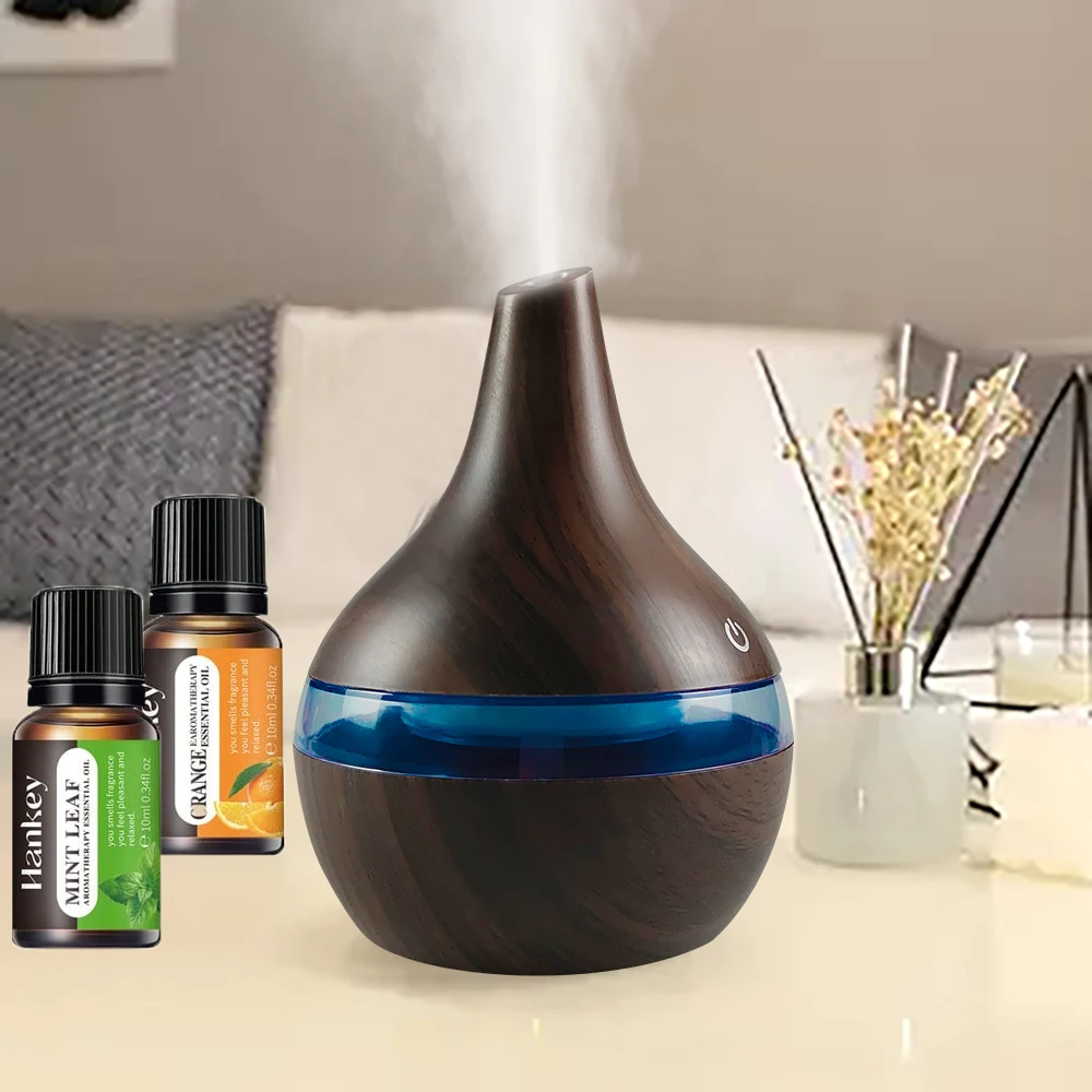 Difusor para el hogar, humidificador USB de 300ml para dormitorio, oficina, difusor de aceites esenciales con diseño de grano de madera de niebla fría, incluye 2