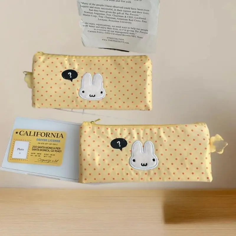 Pack Multi-purpose Milk Yellow Polka Dot Rabbit Pencil Case with Mesh Pockets and Large Capacity