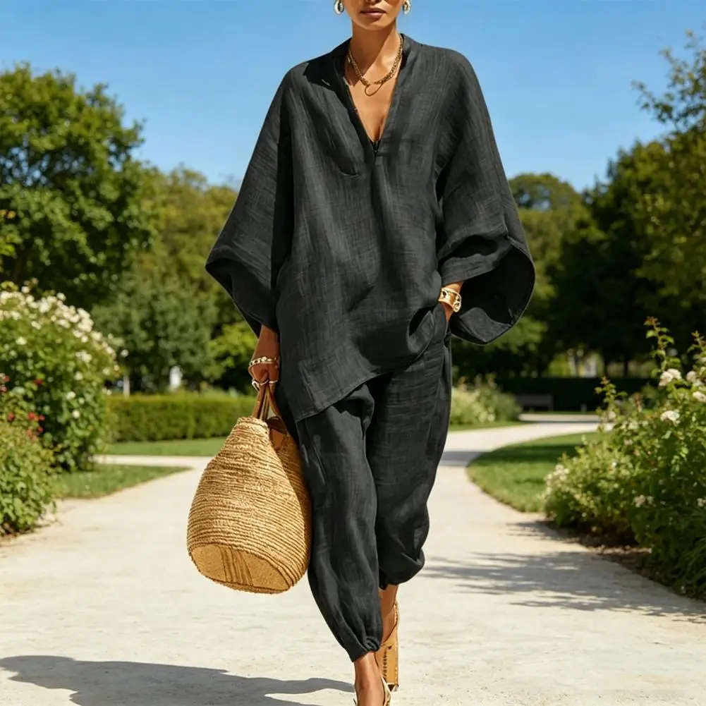 2026 Summer New Women's Fashion Cotton Linen Lantern Sleeve Shirt Mid-waist Pants Set
