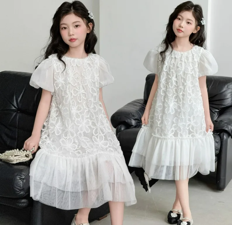 New Baby Summer Girls Teenage White Mesh Dress, Princess Kids Fashion Holiday Dresses 5- 12 T