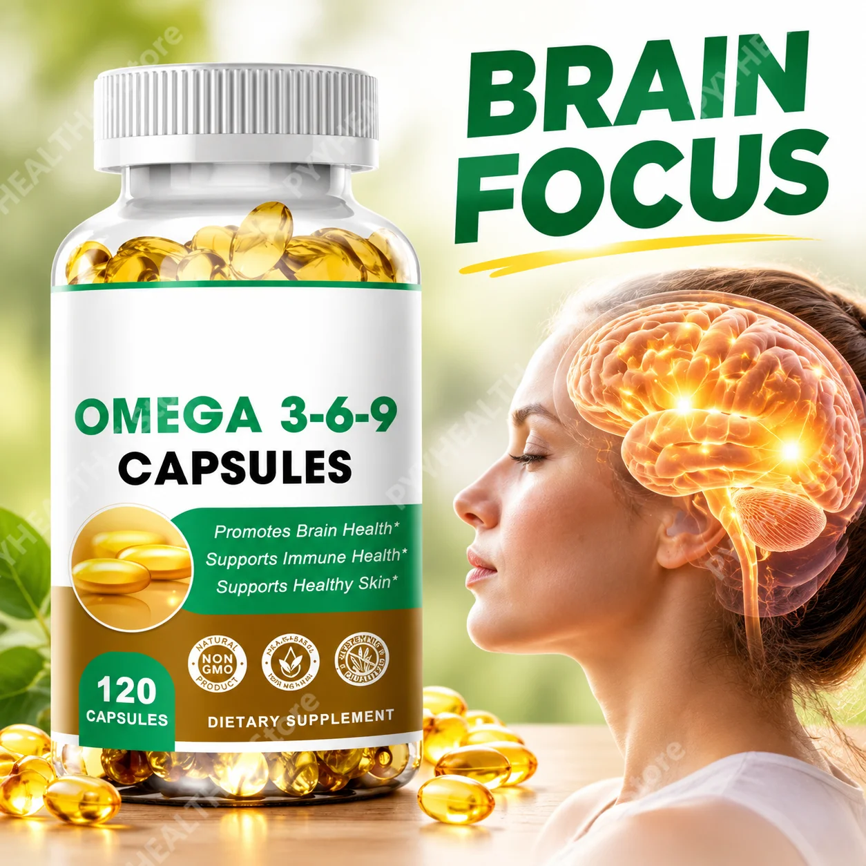 Vegan Omega 3-6-9 Softgel Boost Brain Focus Fortify Whole-Body Immunity Nourish Dry Dull Skin Plant-Derived Fatty Acid 120 Count