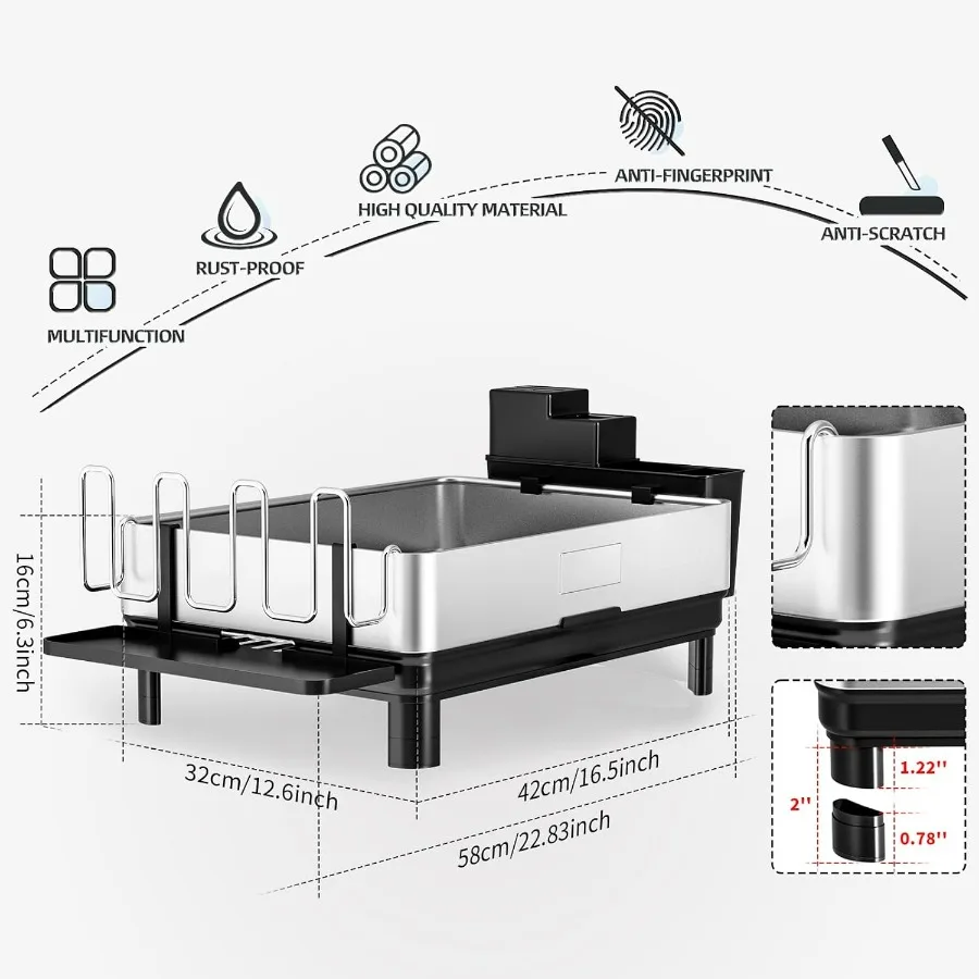 رف تجفيف الأطباق، 304 رفوف أطباق من الفولاذ المقاوم للصدأ لطاولة المطبخ، مصارف أطباق مع تصريف تلقائي، حامل أواني وغیرہ #2