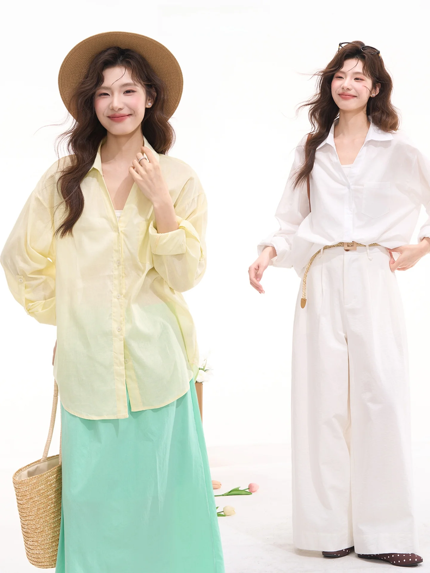 

Heme Pure Color Cotton Loose Women's Shirt Sun Protection Spring Summer Versatile Bamboo Mist Forest Commute Style Shirt