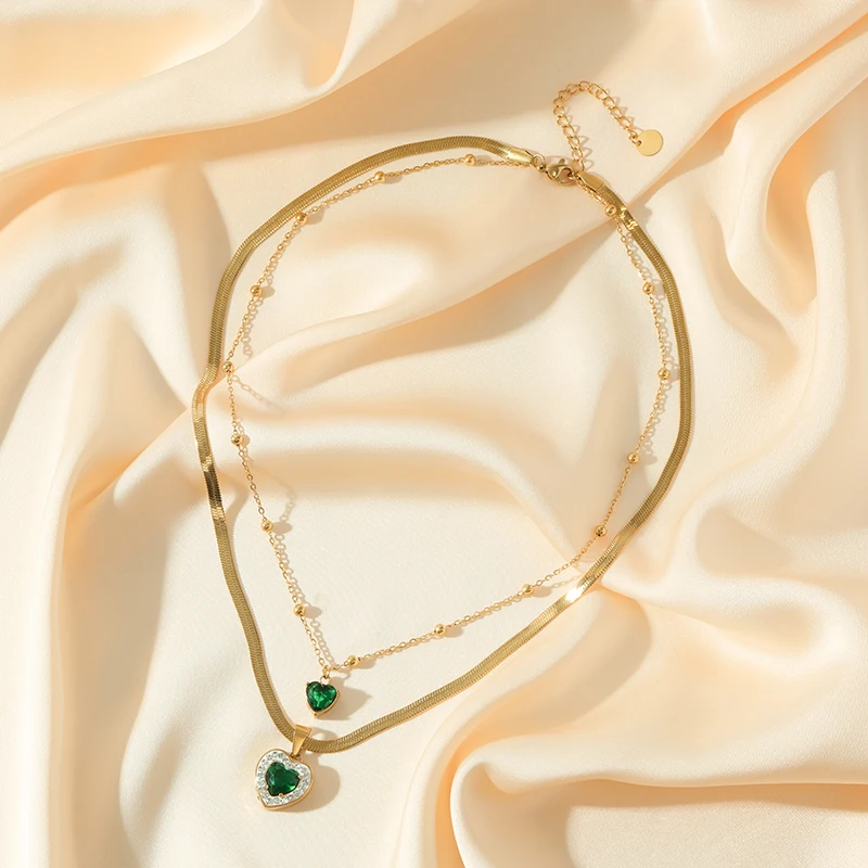 EILIECK 316L Edelstahl 1 Set Herzförmige Grüne Kristall-Halskette Ohrringe für Frauen Mädchen Mode-Schmuckset Geschenk Party – Detail 19