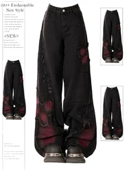 Women's Baggy Butterfly Jeans Vintage 90s Aesthetic Cowboy Pants Harajuku Oversize Denim Trousers Y2k 2000s Black Gothic Clothes