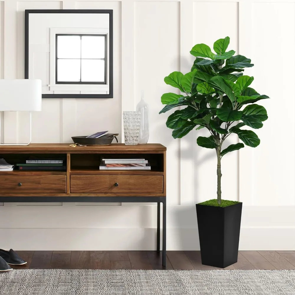 Fiddle Leaf Fig Tree Artificial 5FT - Faux Fiddle Leaf Fig Plant with Black Tall Planter - Fake Ficus Lyrata Floor Plant in Pot