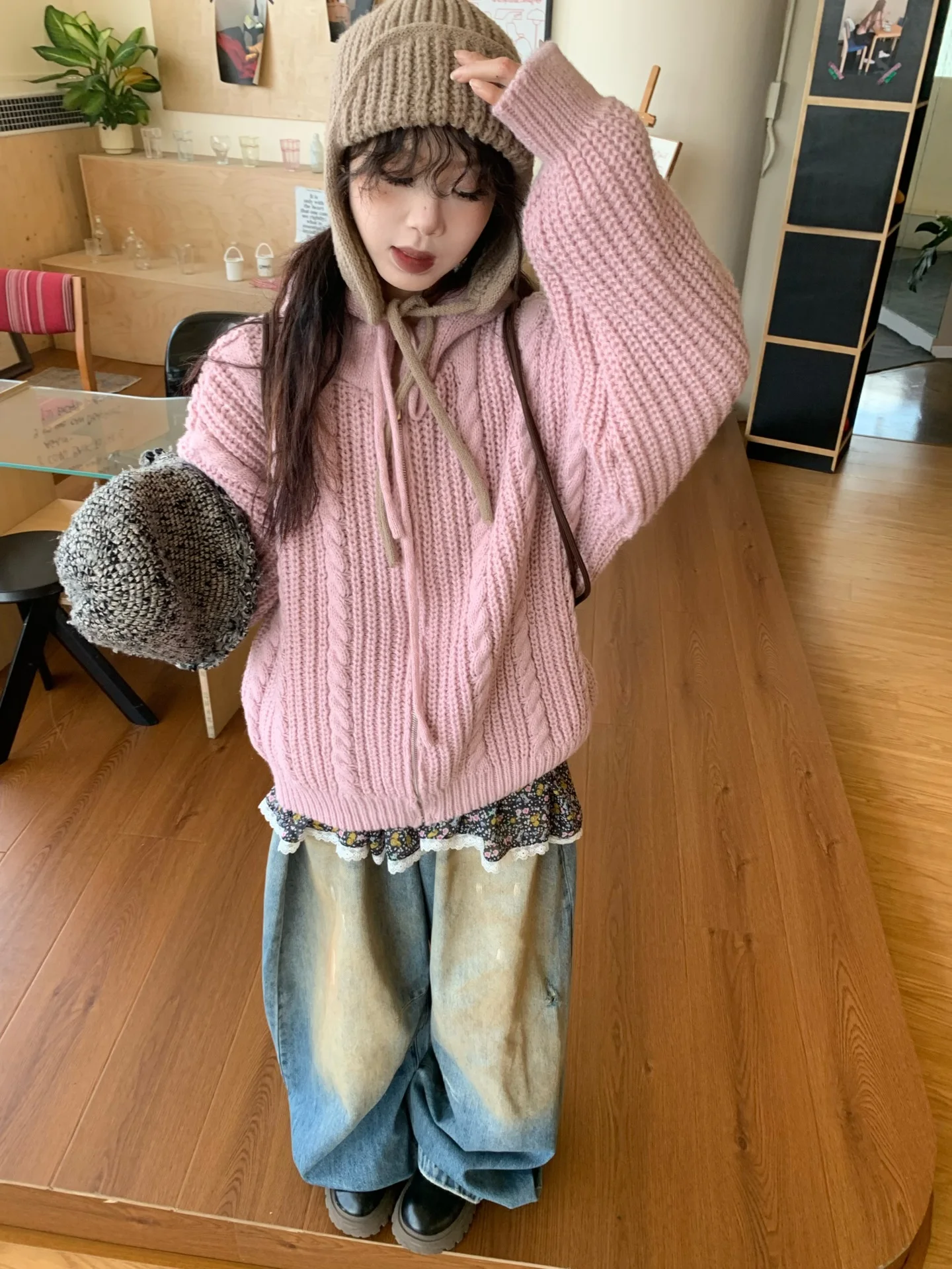 

Мягкая уютная американская вязаная шапка Lazy Twist, свитер, женский осенне-зимний новый повседневный корейский топ, теплый длинный подогрев...