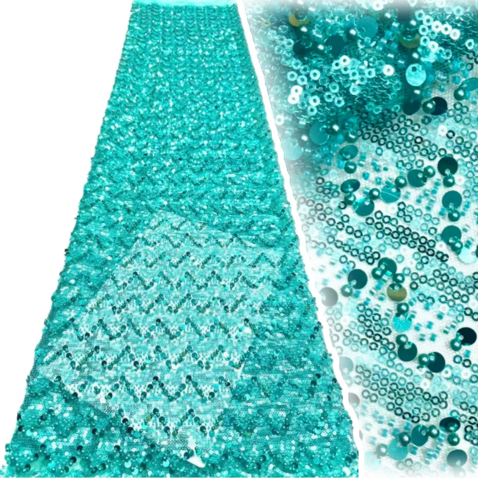Tela de Encaje de Chifón con Cuentas Azul Verdoso de Lujo 2026, Tela de Encaje Africano Francés Premium con Lentejuelas para Vestidos de Novia y Fiesta para Mujer 2192