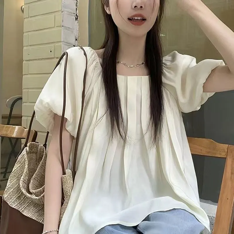 Chemisier à col carré pour femmes, vêtements de Style français, manches bouffantes, nouvelle couleur unie, chemises amples à la mode, pliables, été