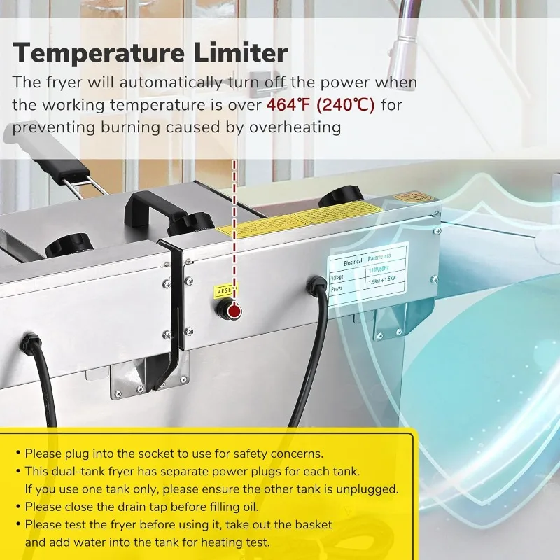 WeChef 業務用電気フライヤー 23.4L 3000W フライヤー 時間制御と油濾過付き デュアル取り外し可能なバスケット