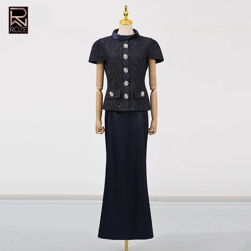 

Classic Navy Blue Tweed Set - Women's Elegant Notched Collar Polyester Blend Pencil Skirt Suit for Evening