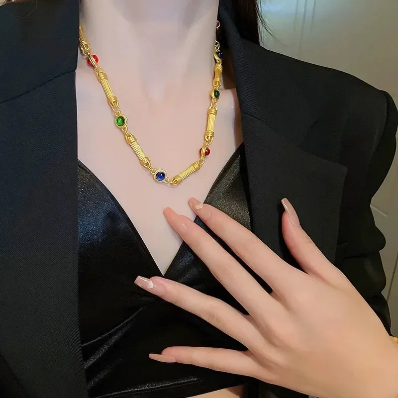 

YISON 24K Real Gold Luxury Golden Women's Necklace Candy Bamboo Series Collarbone Chain Sexy Generous Beautiful Jewelry Gift