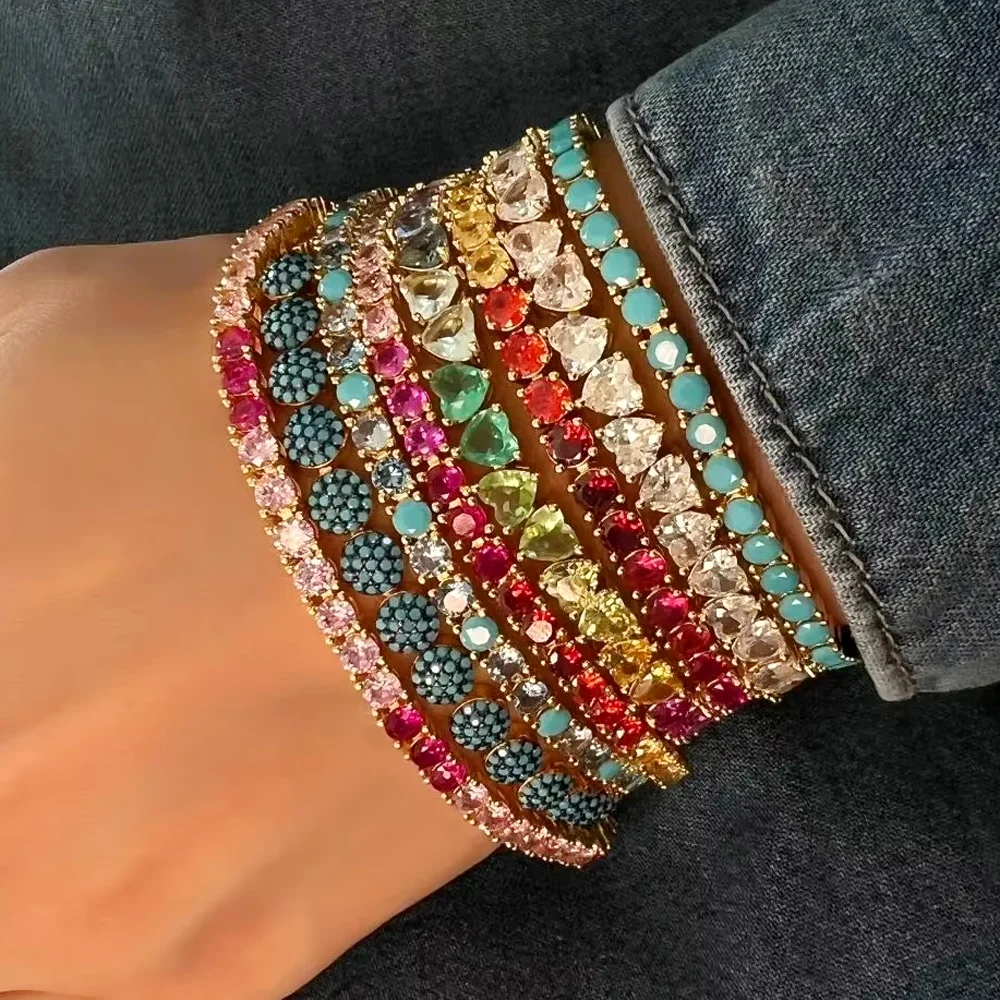 

2025 New Gold Color Iced Out Bling Women Micro Paved 5A Three Claw Inlay Heart Cubic Zirconia Cz Tennis Chain Bracelet Jewelry