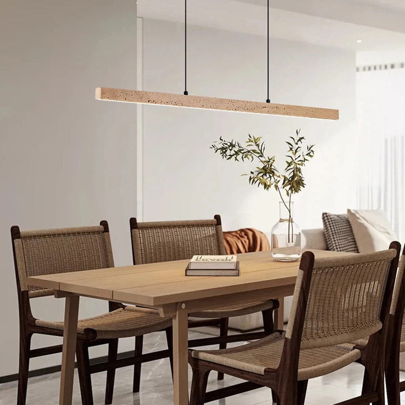 Yellow Travertine Linear LED Pendant Light Walnut Ceiling Lamp for Dining Table Kitchen Island - Hanging Chandelier Modern Light