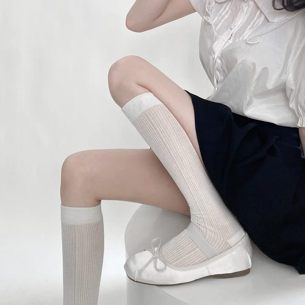 Summer Solid-Color Sun-Protective Thin Knee-High Socks, JK-Style Mesh Semi-Sheer Slimming and Mosquito-Repellent Ruffle Socks