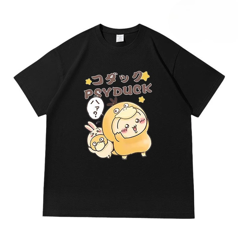 Heavy Drop Shoulder Psyduck Chiikawa T-shirt Black Cotton Oversized Tees Cute Duck Rabbit Anime Graphic Men Women Loose Short