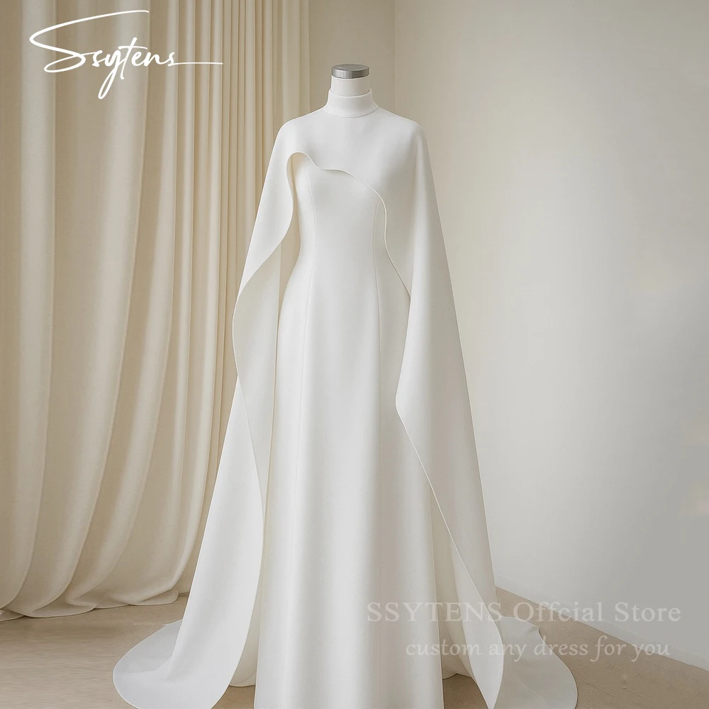 

SSYTENS Customized Long Crepe Evening Dresses with Cape Modest White Party Gowns فساتين السهرة Prom Dresses for Wome