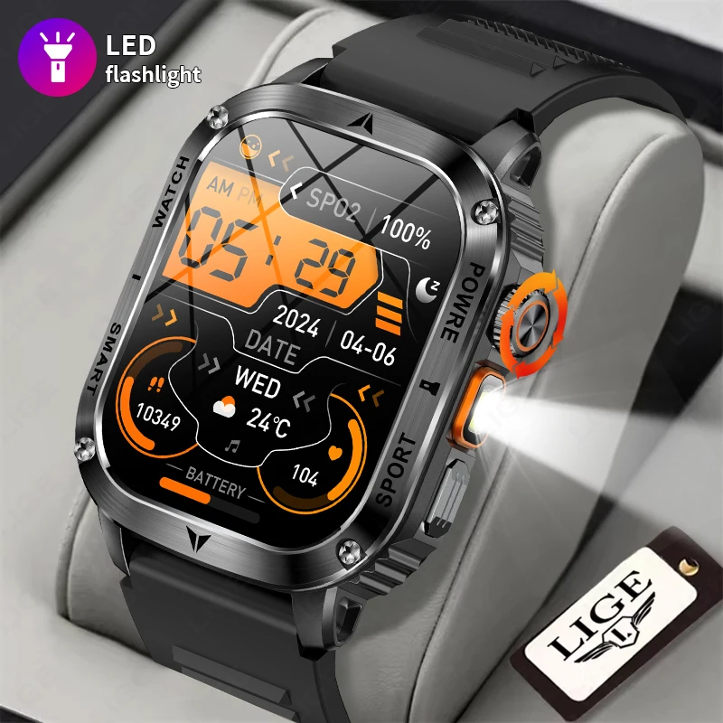 LIGE 新軍事スマートウォッチメンズ懐中電灯 400mAh 健康監視防水屋外スポーツトラッカー Bluetooth 通話スマートウォッチ