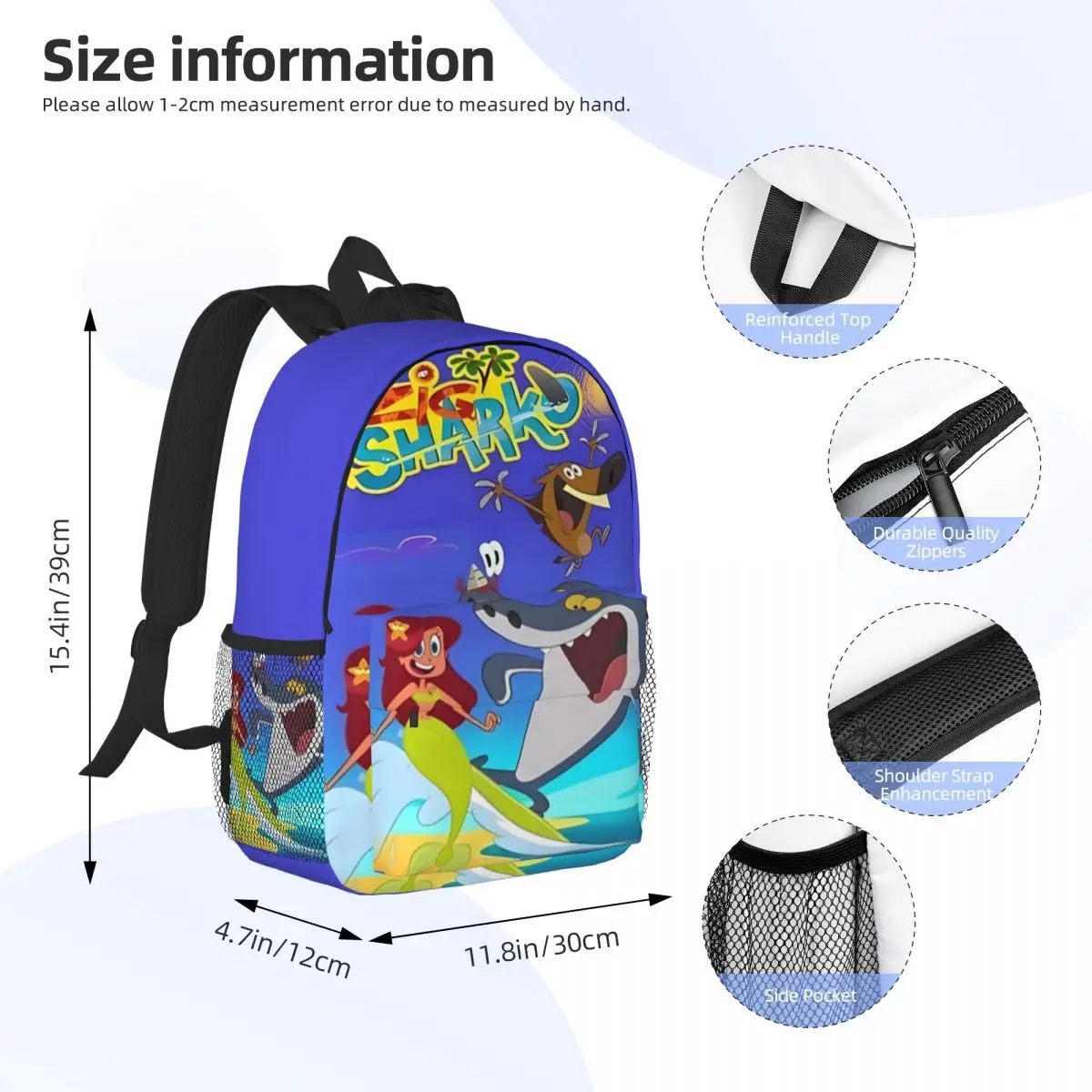 Zig En Sharko Bedrukte Lichtgewicht Casual Schooltas Voor School, Buiten, Winkelen, Kantoor 15Inch