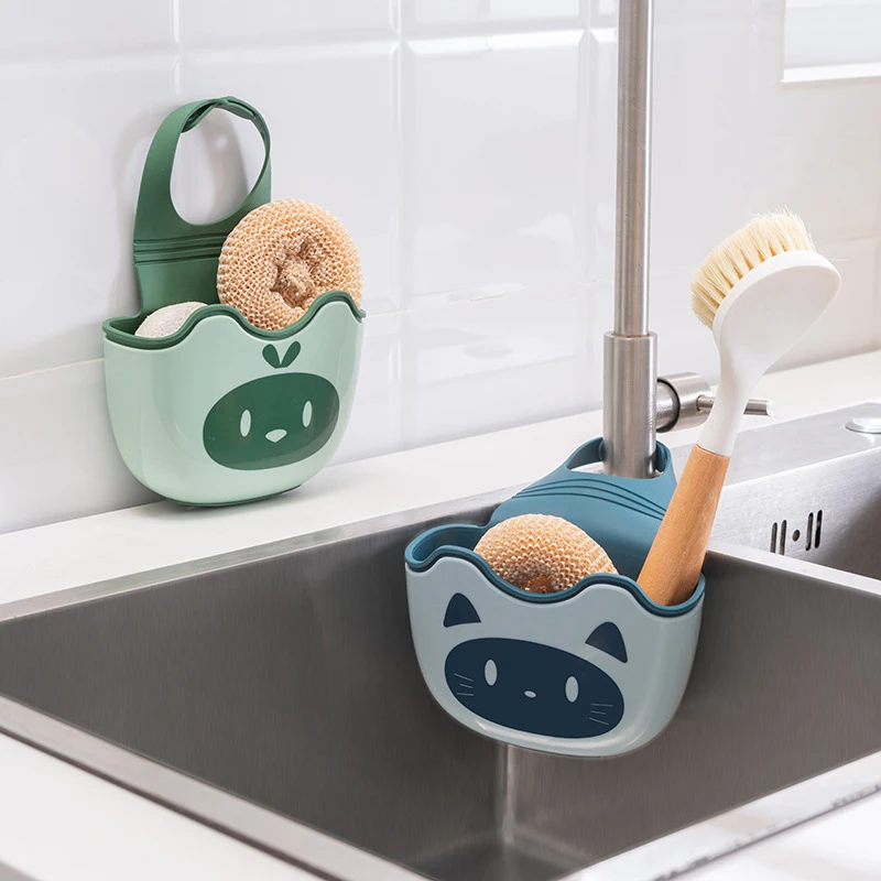 Kitchen Dish Sponge Holder For Sink Adjustable Strap Faucet Sponge Holder With Drain Holes Bathroom Hanging Storage Basket