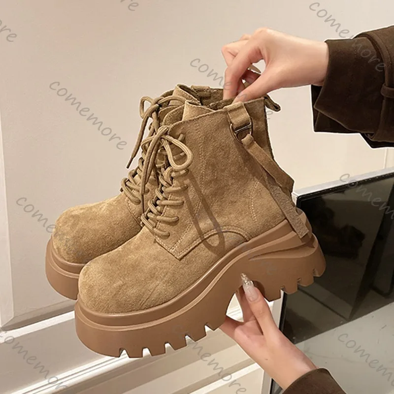 Comemore 2025 New Autumn and Winter Height-increasing Ankle Boots Women's Side Zipper Suede High Heeled Shoes Motorcycle Botines