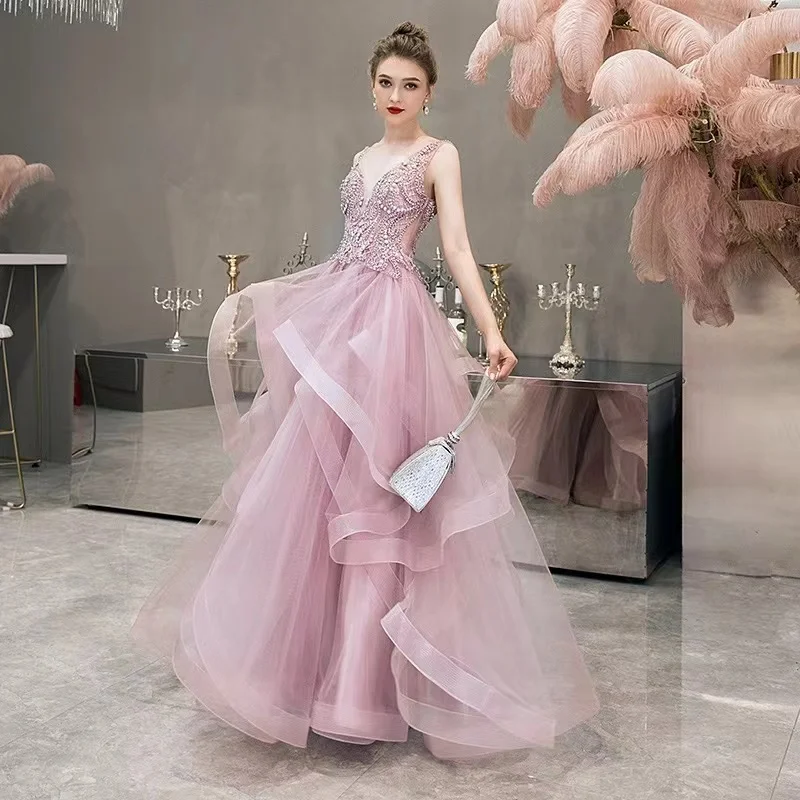 Pink Dress Women's Dress Solid Color Patchwork Applique Sequins Long A-line Skirt Elegant Evening Gown