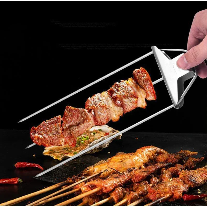 3 Way Grill Skewers Shrimp Stainless Steel Grilling Sticks With Push Bar 3-Prong Skewer BBQ Kebab Juicy Beef Kitchen Dining Tool