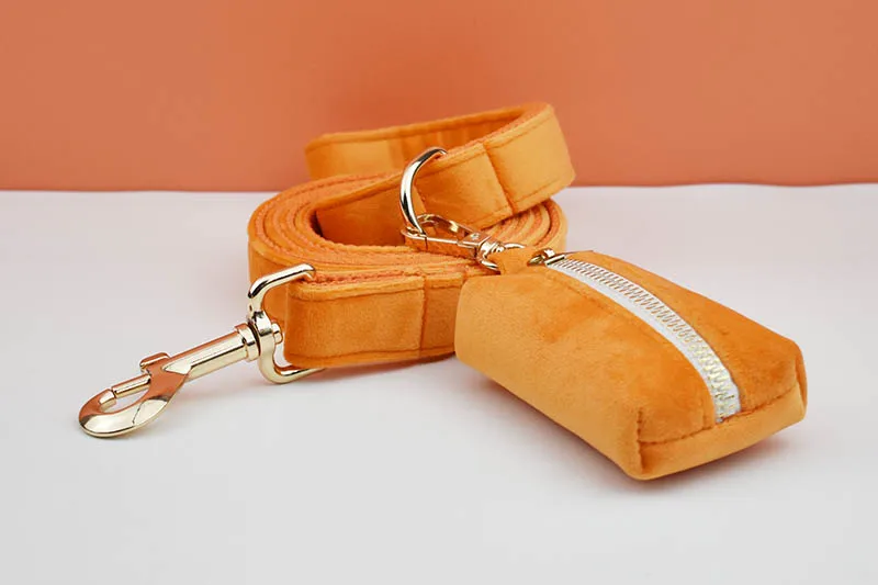 Orange Samt-Hundehalsband und Leinen-Set für Hunde, individuell graviertes Namensschild, Heimtierbedarf, Hundeleine aus Samt 41 – Detail 6