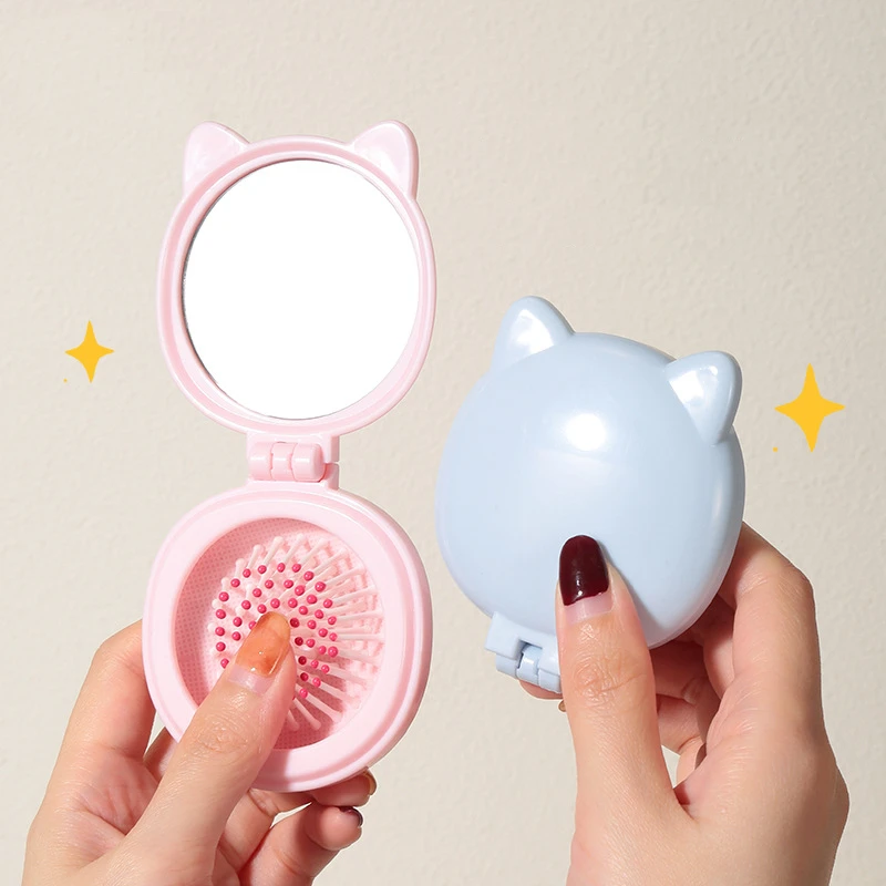 1 stück Cartoon Katze Nette Runde Falten Make-Up Spiegel Kamm Set 2-in-1 Mini Kleine Tragbare handheld Touch-up HD Eitelkeit Spiegel