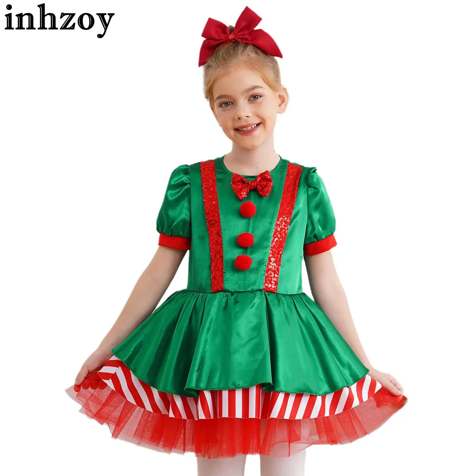 Kids Girls Elf Christmas Sequins Striped Tutu Dance Dress Figure Skating Dress Xmas Party Candy Cane Stage Performance Dress Up