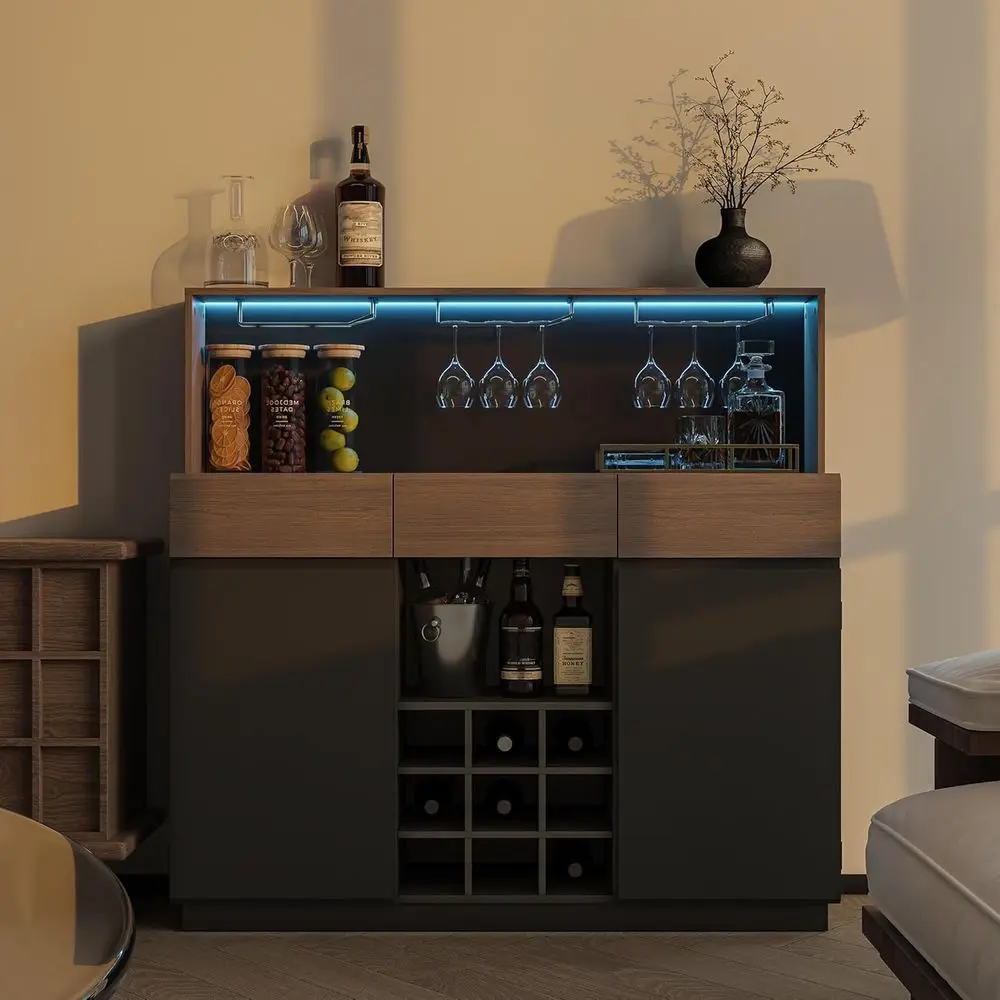 

Illuminated Coffee Bar Cabinet with Stemware Holders, 3-Tier Wine Rack for Home Bar and Living Spaces