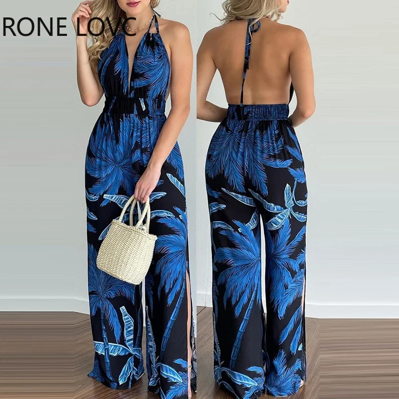 Women Jumpsuits Outfits Summer Jumpsuit Tropical Print Halter V Neck Jumpsuit