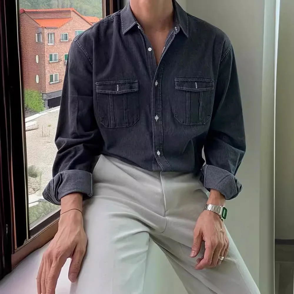 Men's Retro Denim Long Sleeve Shirt High End Korean Style Trendy Loose Casual Versatile Blue Work Shirt