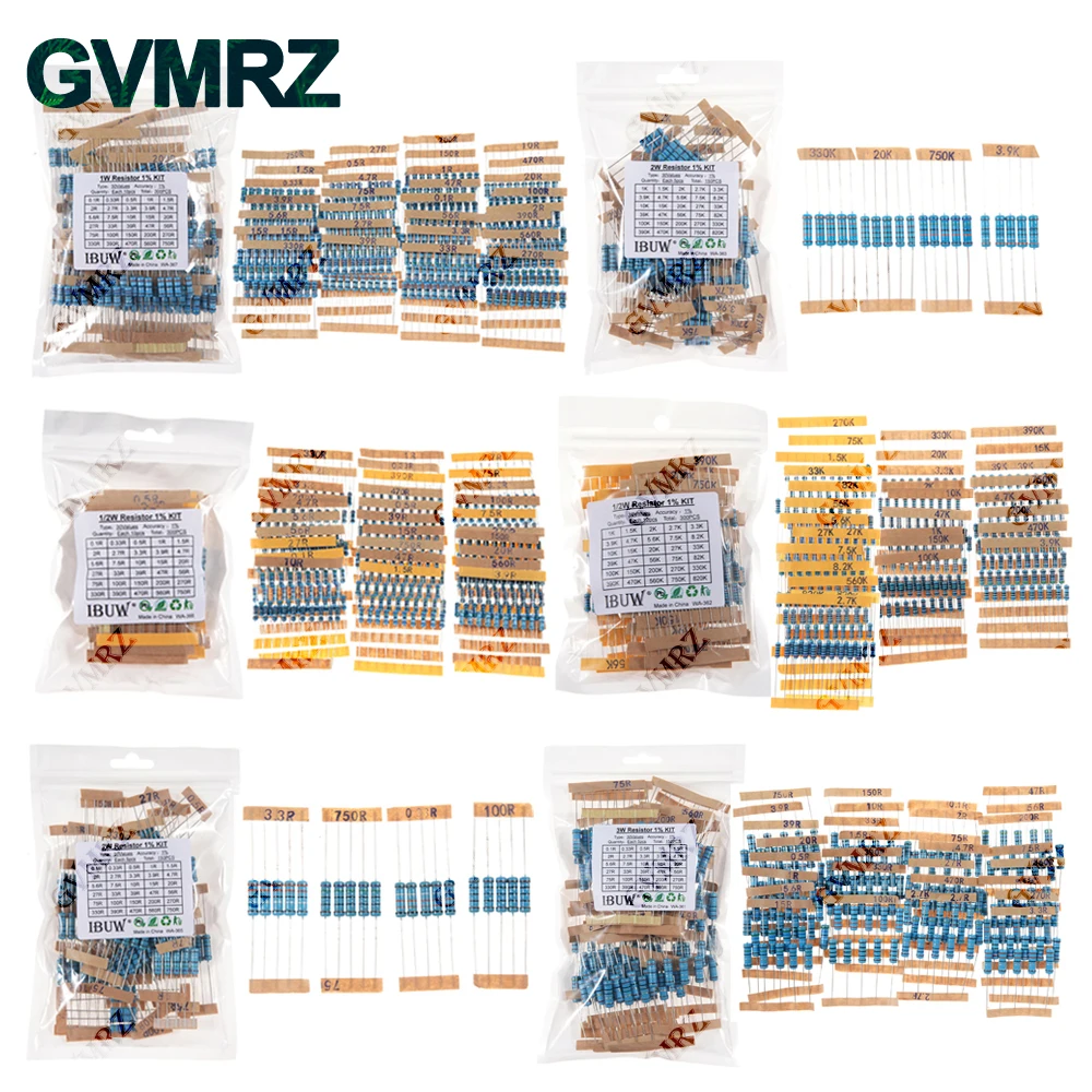 1/4W 1/2W 1W 2W 3W Resistance Set 1% Metal Film Resistor Assortment Kit 1K~820K 0.1R~750R 10K