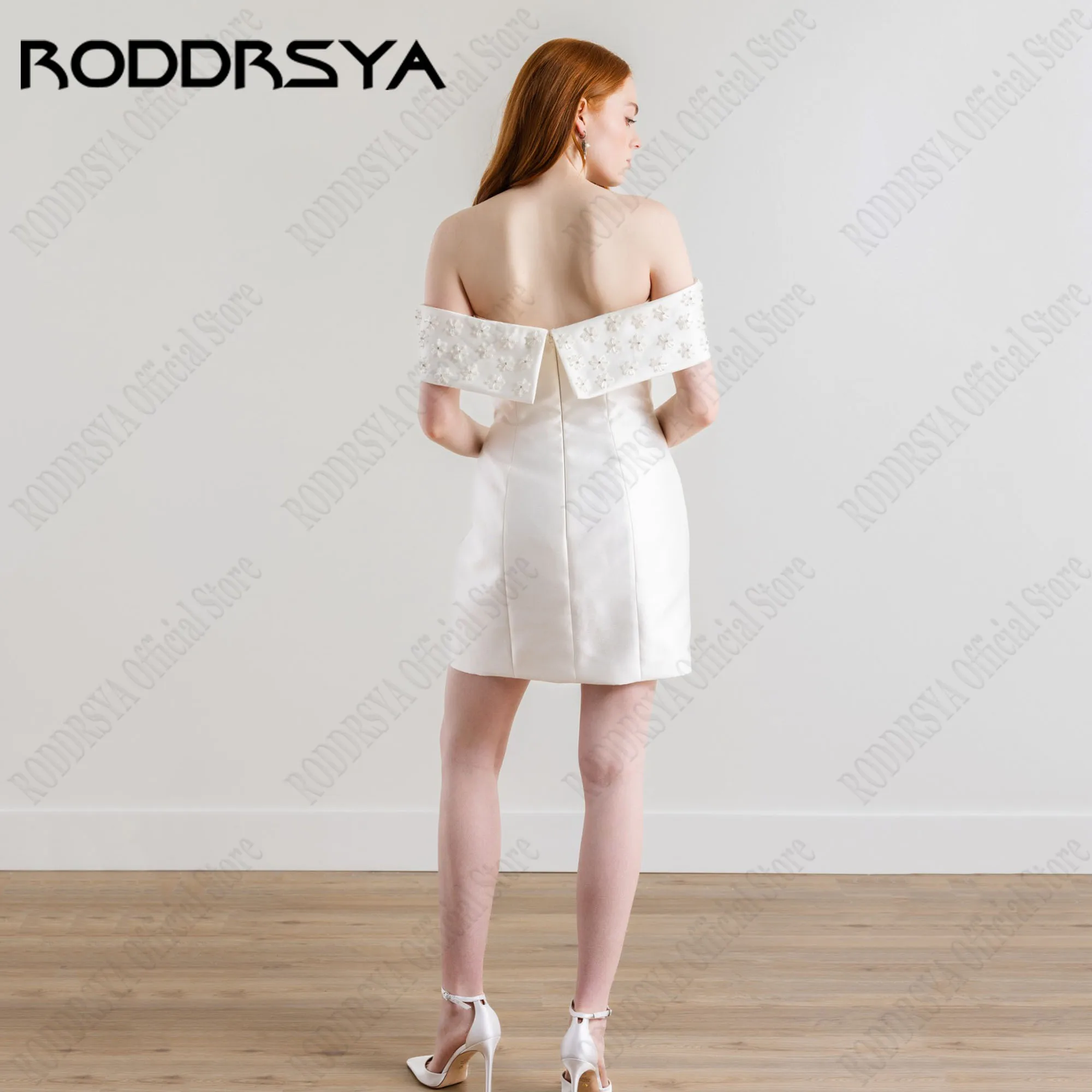 RODDRSYA Short Off Ombro Noiva Vestidos Backless Querida Beading Modern Satin Vestidos De Casamento Sereia Acima Do Joelho Personalizado Vestidos de noiva curtos sem ombros sem costas Coração com brilhantes Vestidos de