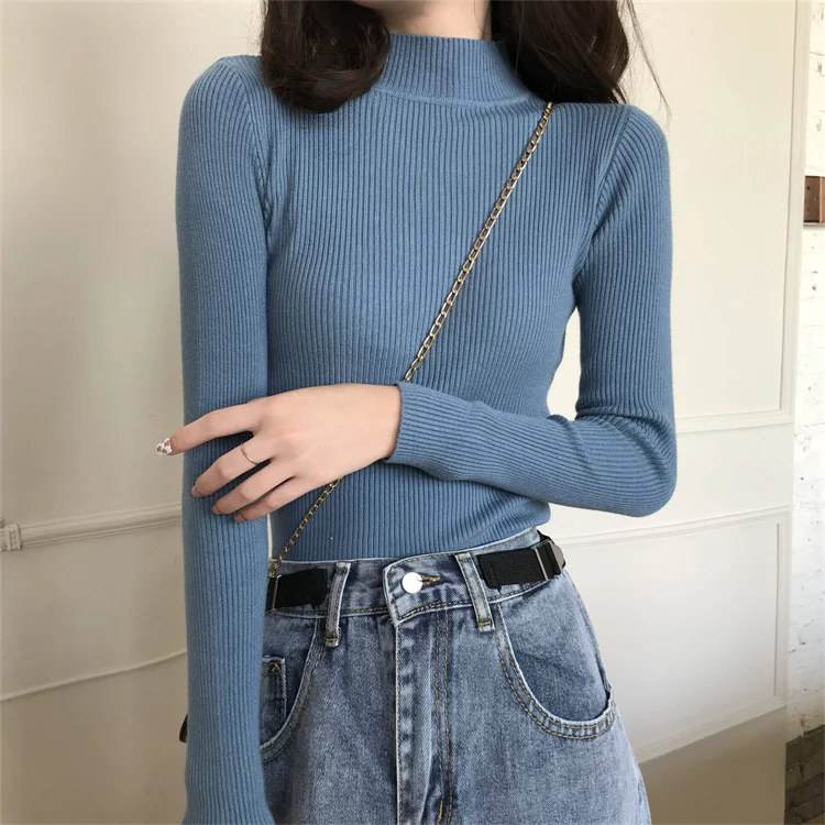 Autumn Winter Mock Neck Women Sweater Basic Solid Knitted Tops Casual Slim Pullover Korean Sweaters Simple Chic Jumpers 2024