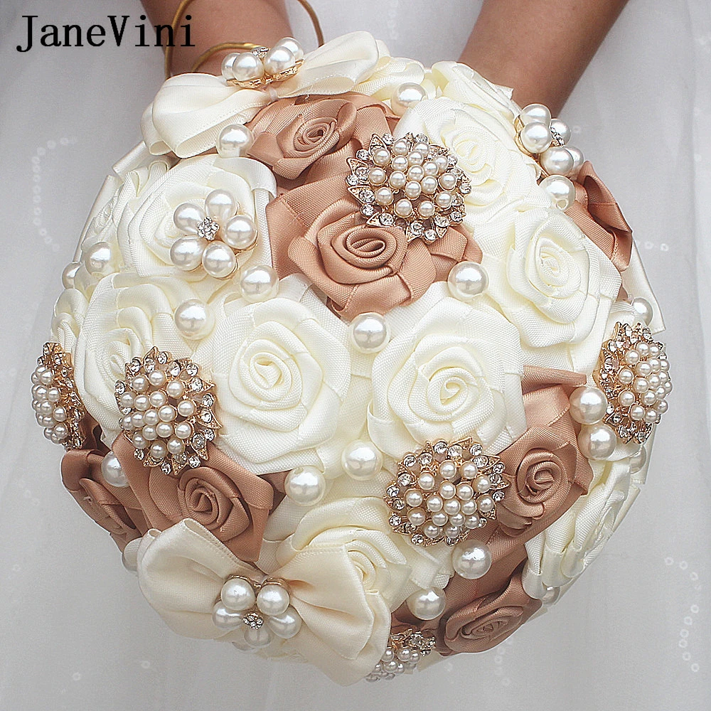 

JaneVini 17cm Luxury Khaki Bridesmaid Wedding Bouquets with Rhinestones Pearls Beaded Bow Bridal Satin Roses Bride Hand Flowers