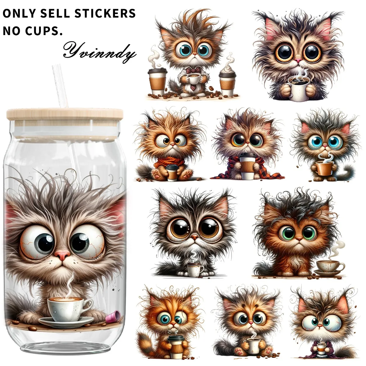 5 Stück „The Cat That Loves Drinking Coffee“, UV-DTF-Transfer, kratzfestes Transferpapier, geeignet für 16-Unzen-Tassenflaschen