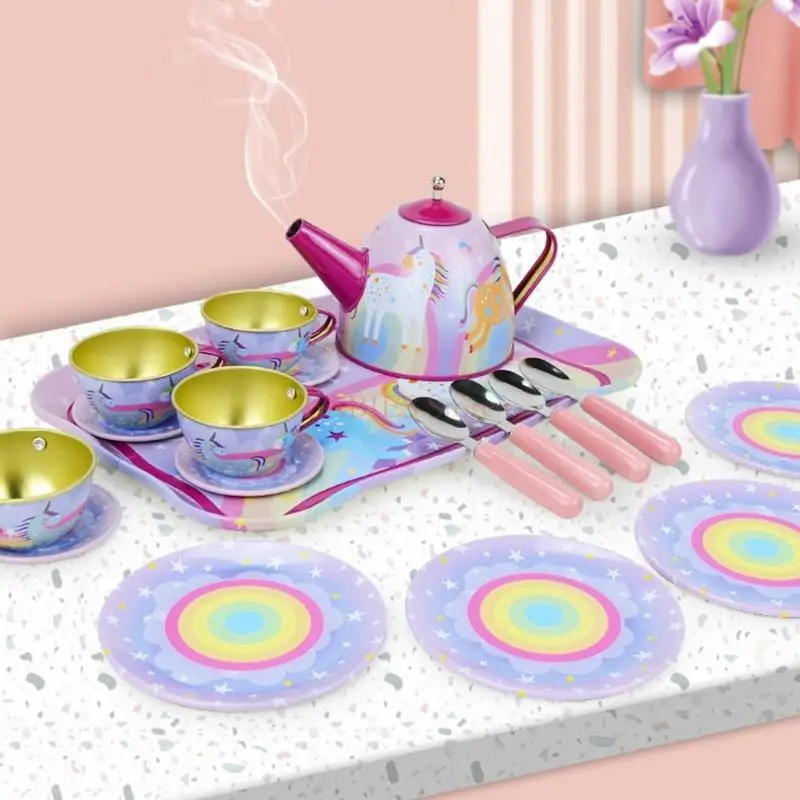 C9GB Kitchen Toy with Teapot Spoon Tray Children Role Playing Teaset Birthday Gift