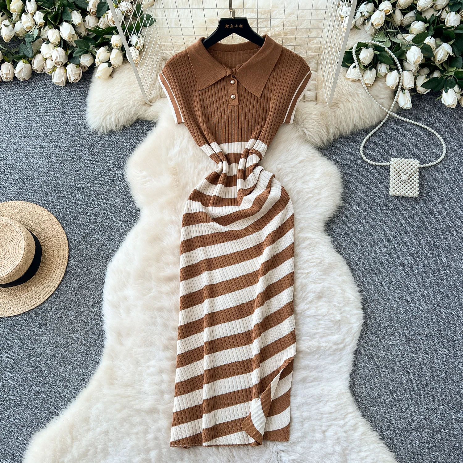 Chic vintage Polo-Neck Knit patchwork split slim Elegant Fairy korean fashion Boho Sundress women clothing dress