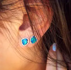 geometric Gem blue fire opal stone Gold color earring high quality women fashion stone stud earrings