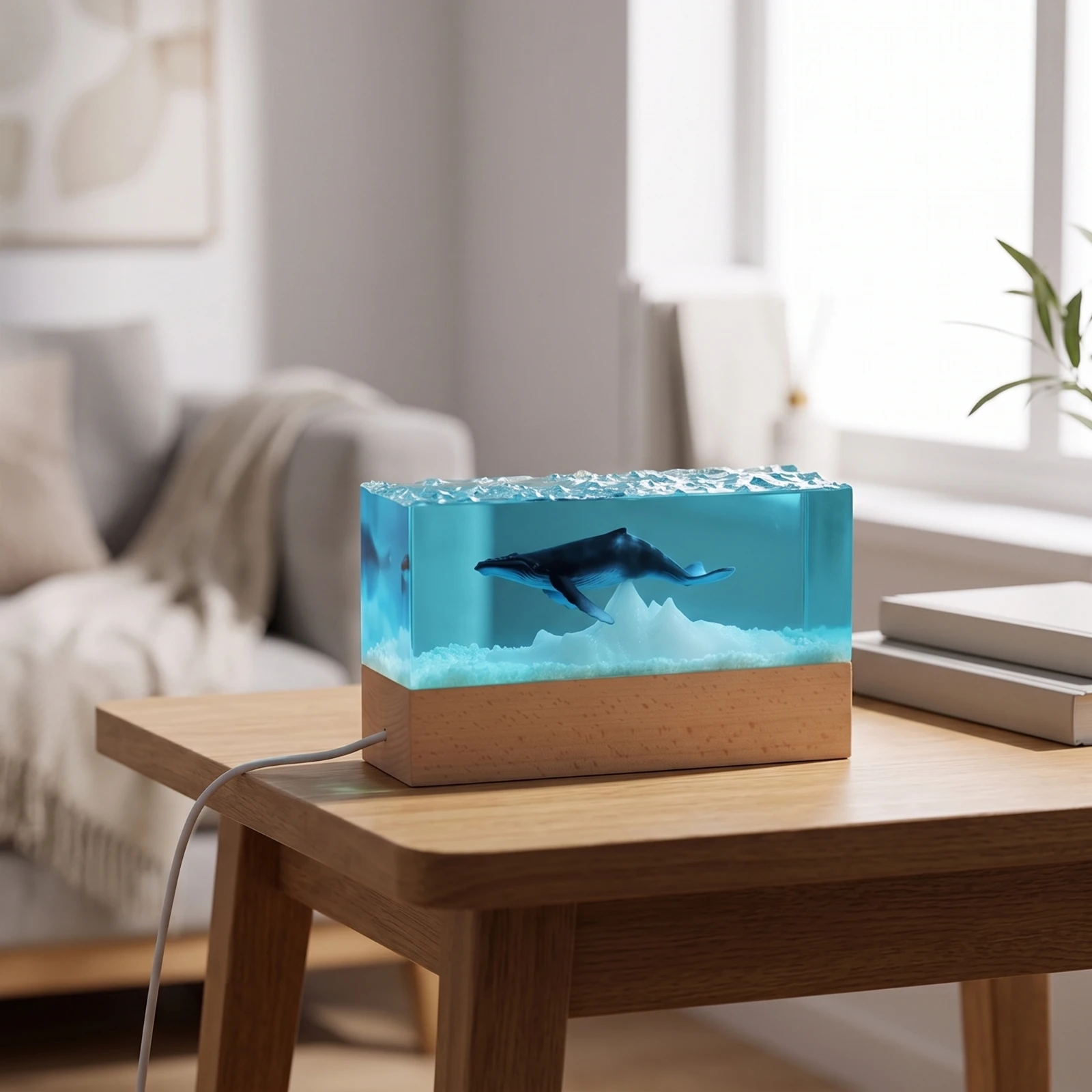 Marine Mammal Night Light Wooden Killer Whale Resin Ocean Lamp Night Light with Wood Base Decorative Resin Ocean Lamp Compact