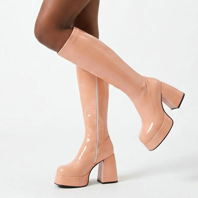 Women Y2K Patent Leather Knee High Boots Platform Chunky Heel Side Zip Night Fashion Thigh High Booties Club Dance Shoes