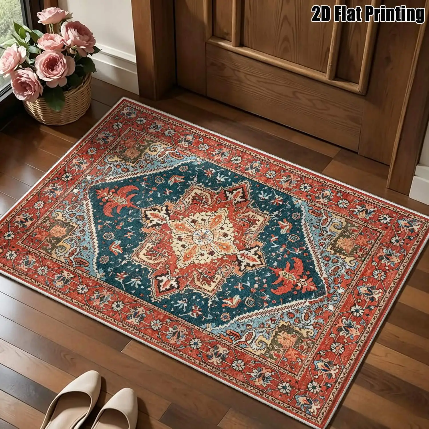 1Pc 2D Printed Velvet Carpet, Retro Red-Blue Geometric Patterns, Multi-Style, Multi-Size, Machine Washable, for Home Decor & Mats, Multiple Scenes