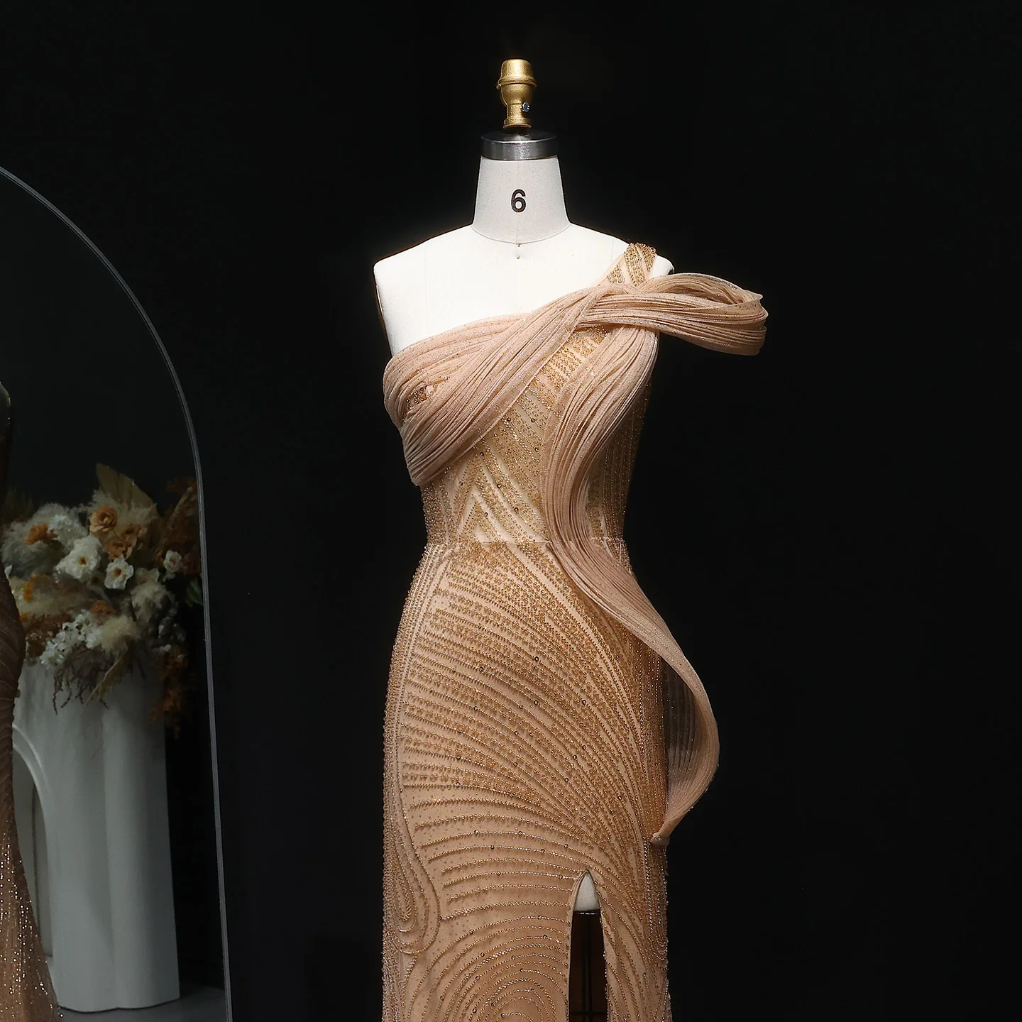 

Sharon Said Dubai Luxury Caramel Mermaid Evening Dress with One Shoulder Side Slit Women Wedding Party Gowns SS088 Customized