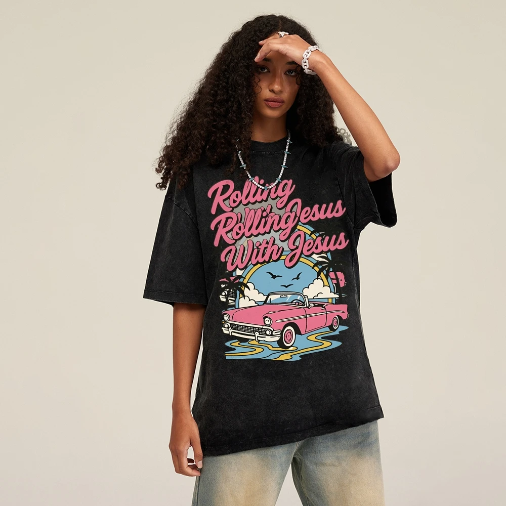 

Футболка Rolling With Jesus, ретро-автомобиль, пляжный, с графикой, повседневный, свободный, с короткими рукавами, художественный, винтажный, забавный, удобный топ на основе веры